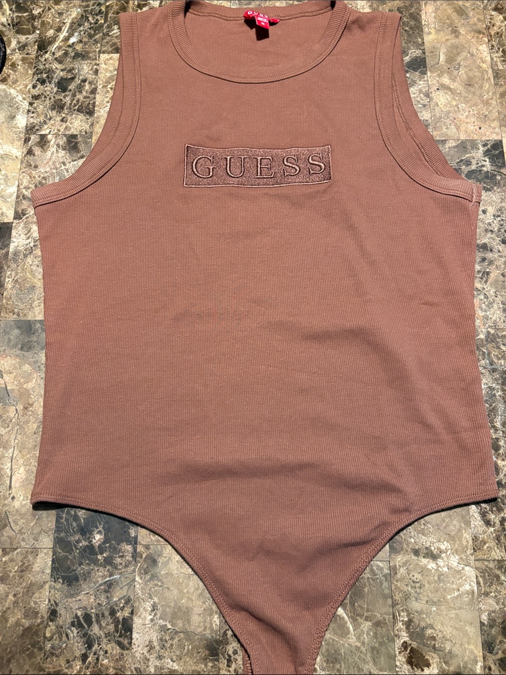GUESS Sleeveless Ribbed Bodysuit in Mauve Brown
